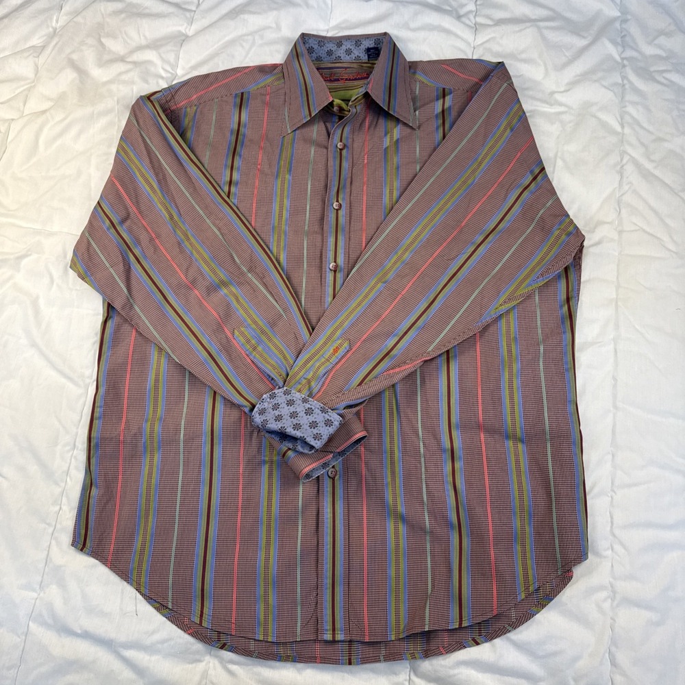 Robert Graham Multi Color Striped Shirt Mens  Xl Long Flip Sleeve Button Down